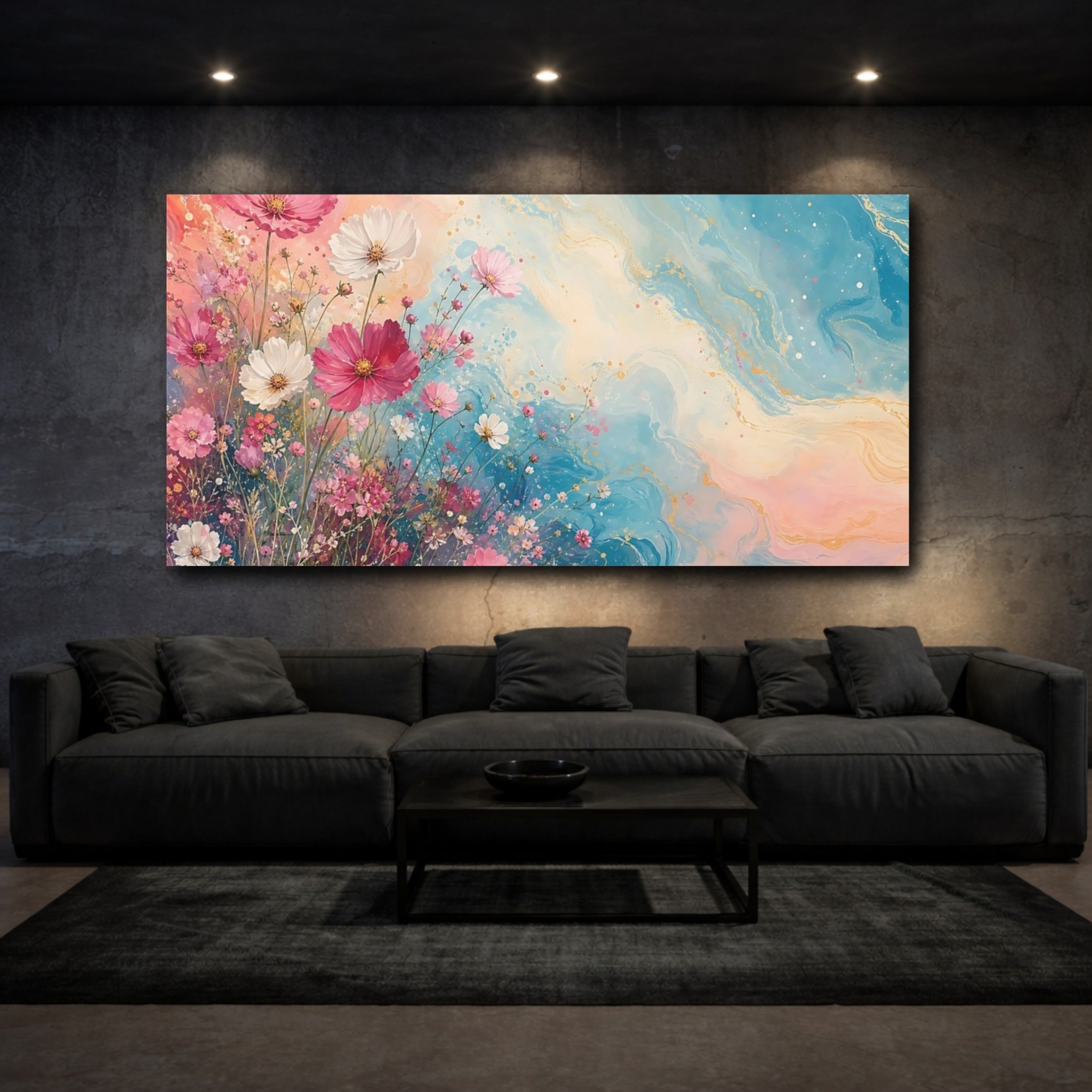 Mockup 3. Floral Cosmos Flowers Pink And Blue Floral shown as stretched canvas wall art