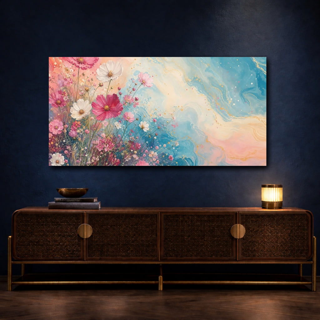 Mockup 4. Floral Cosmos Flowers Pink And Blue Floral shown as stretched canvas wall art