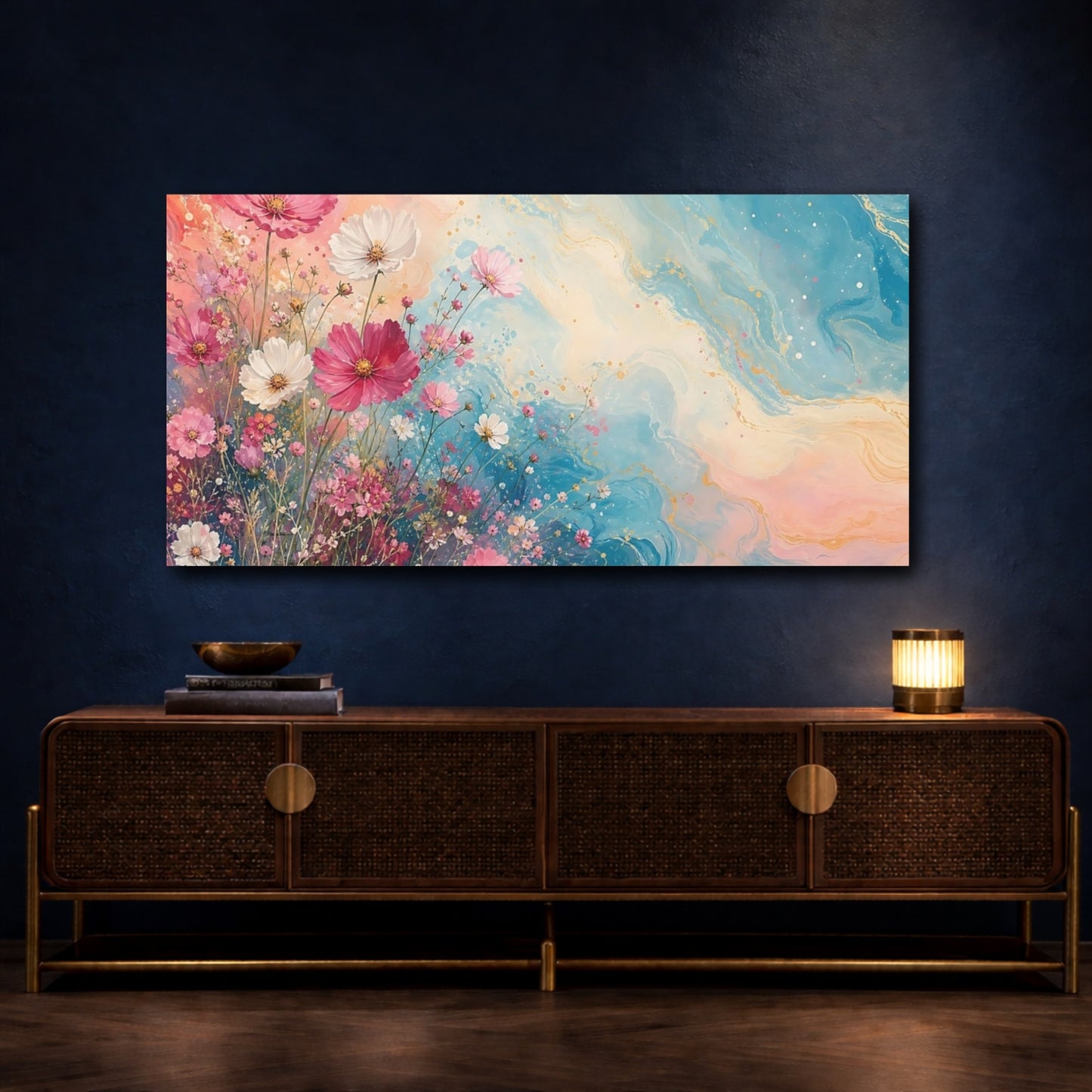 Mockup 4. Floral Cosmos Flowers Pink And Blue Floral shown as stretched canvas wall art