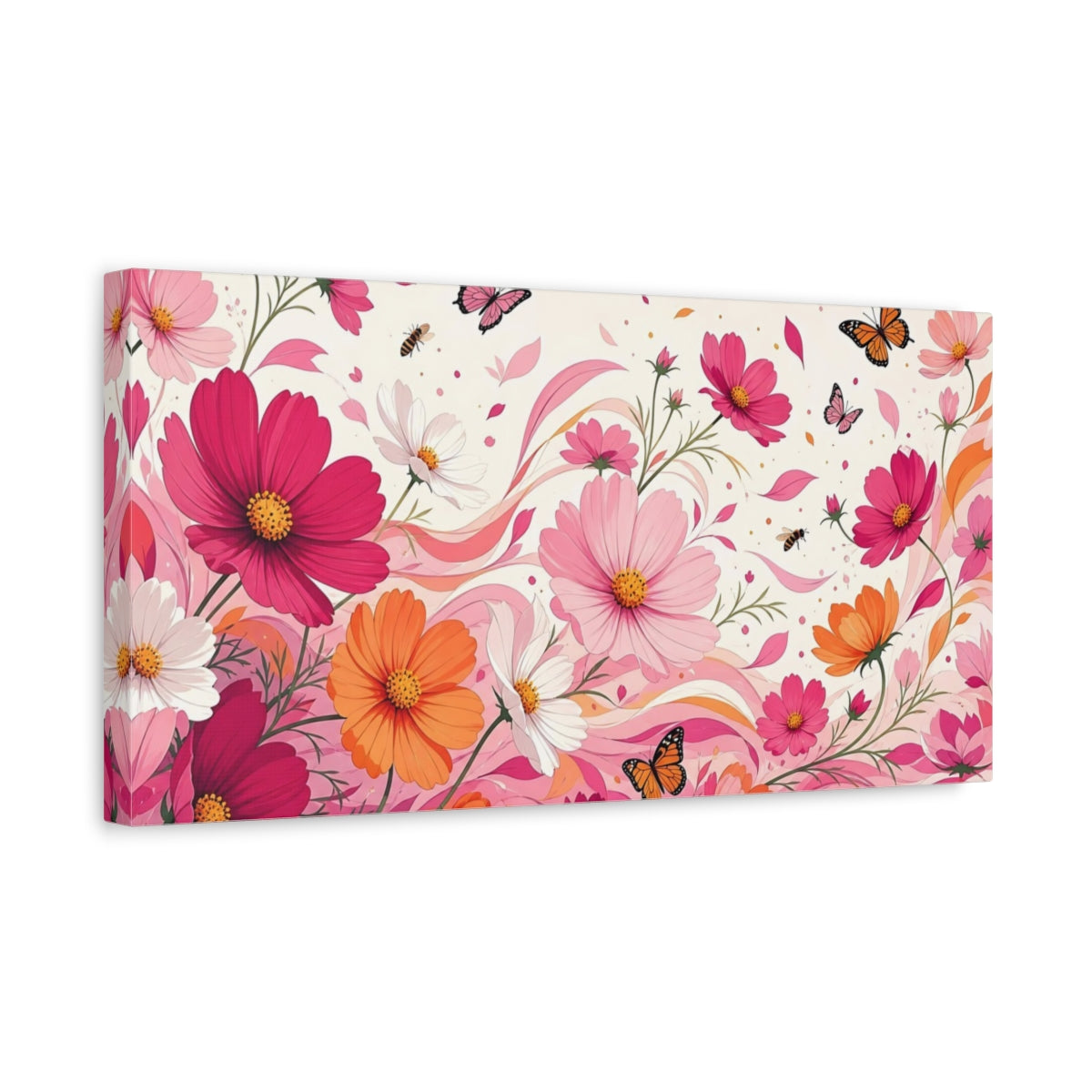 Side Mockup 3. Floral Cosmos Flowers Pink And Orange Floral shown as stretched canvas wall art