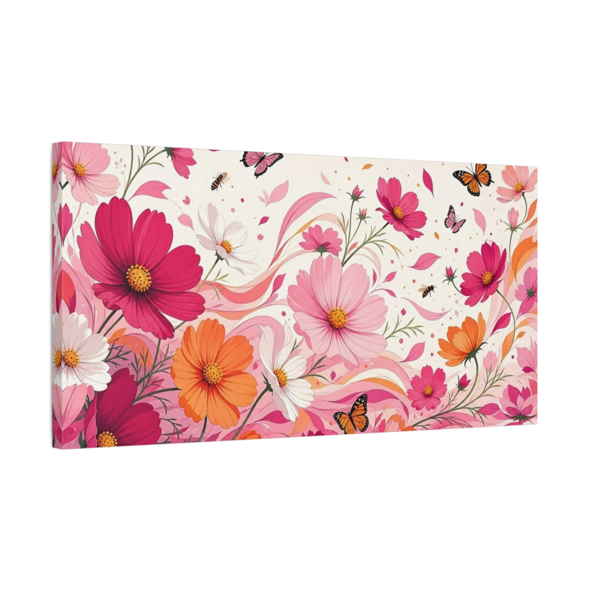 Side Mockup 1. Floral Cosmos Flowers Pink And Orange Floral shown as stretched canvas wall art