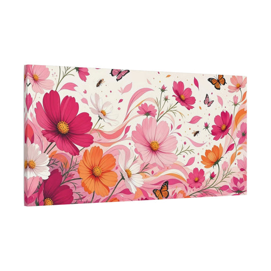 Main Mockup. Floral Cosmos Flowers Pink And Orange Floral shown as stretched canvas wall art