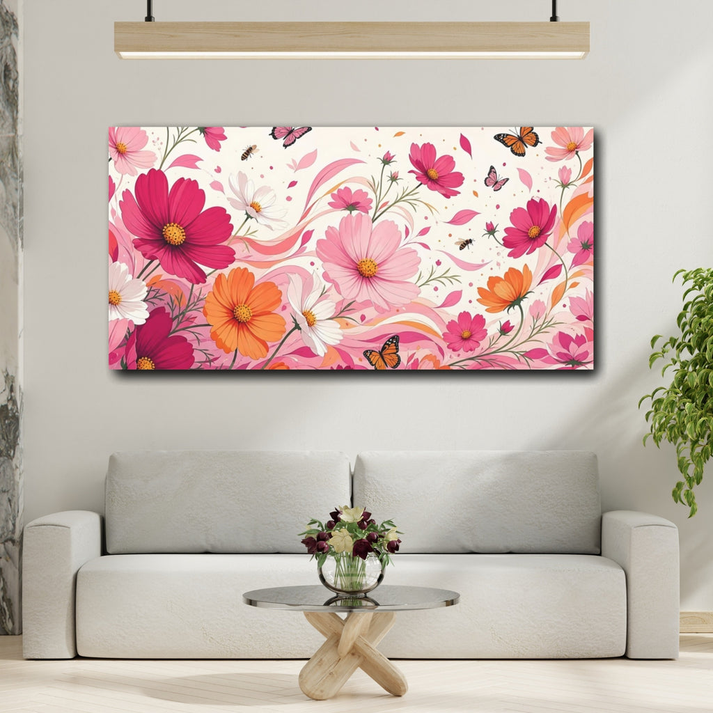 Mockup 2. Floral Cosmos Flowers Pink And Orange Floral shown as stretched canvas wall art