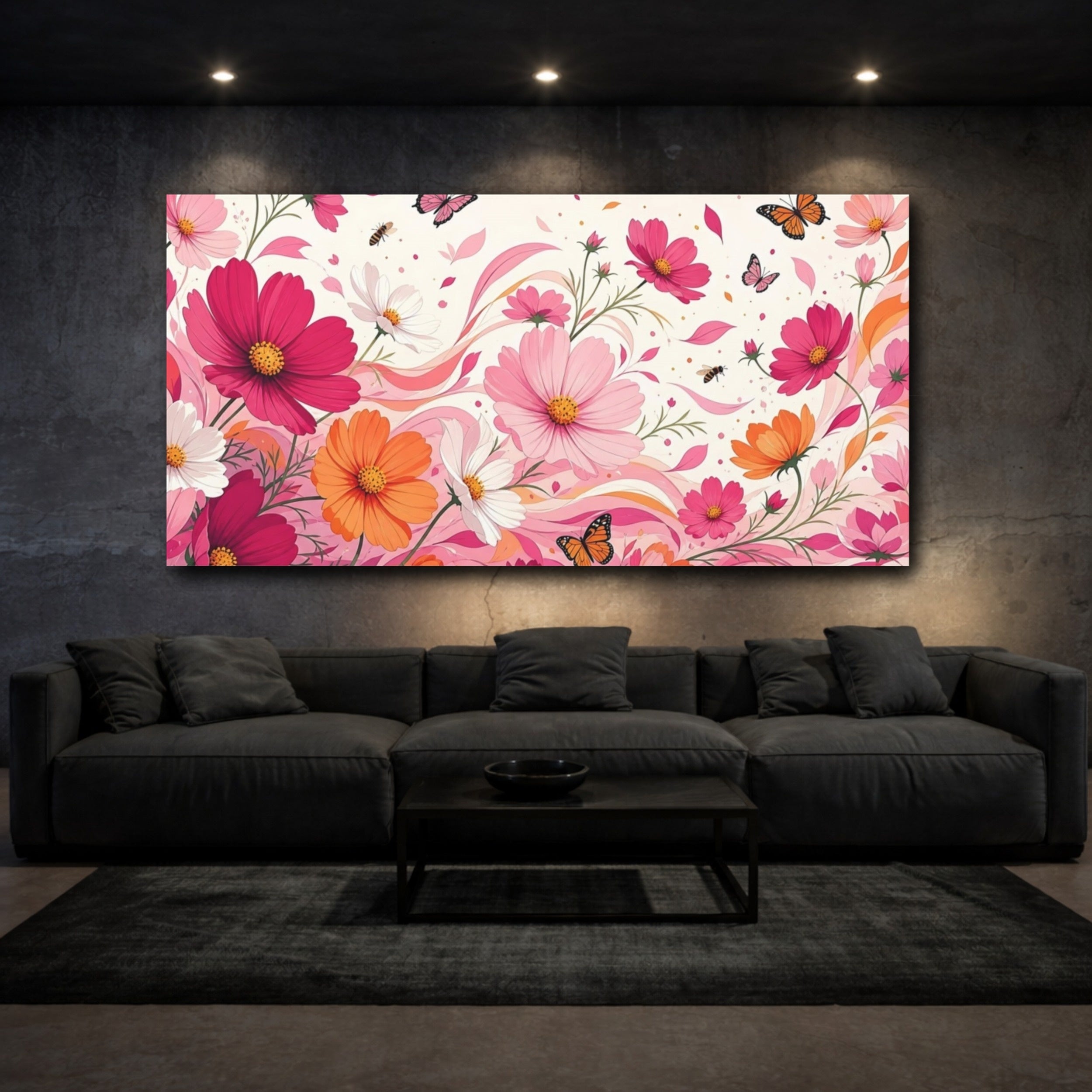 Mockup 3. Floral Cosmos Flowers Pink And Orange Floral shown as stretched canvas wall art