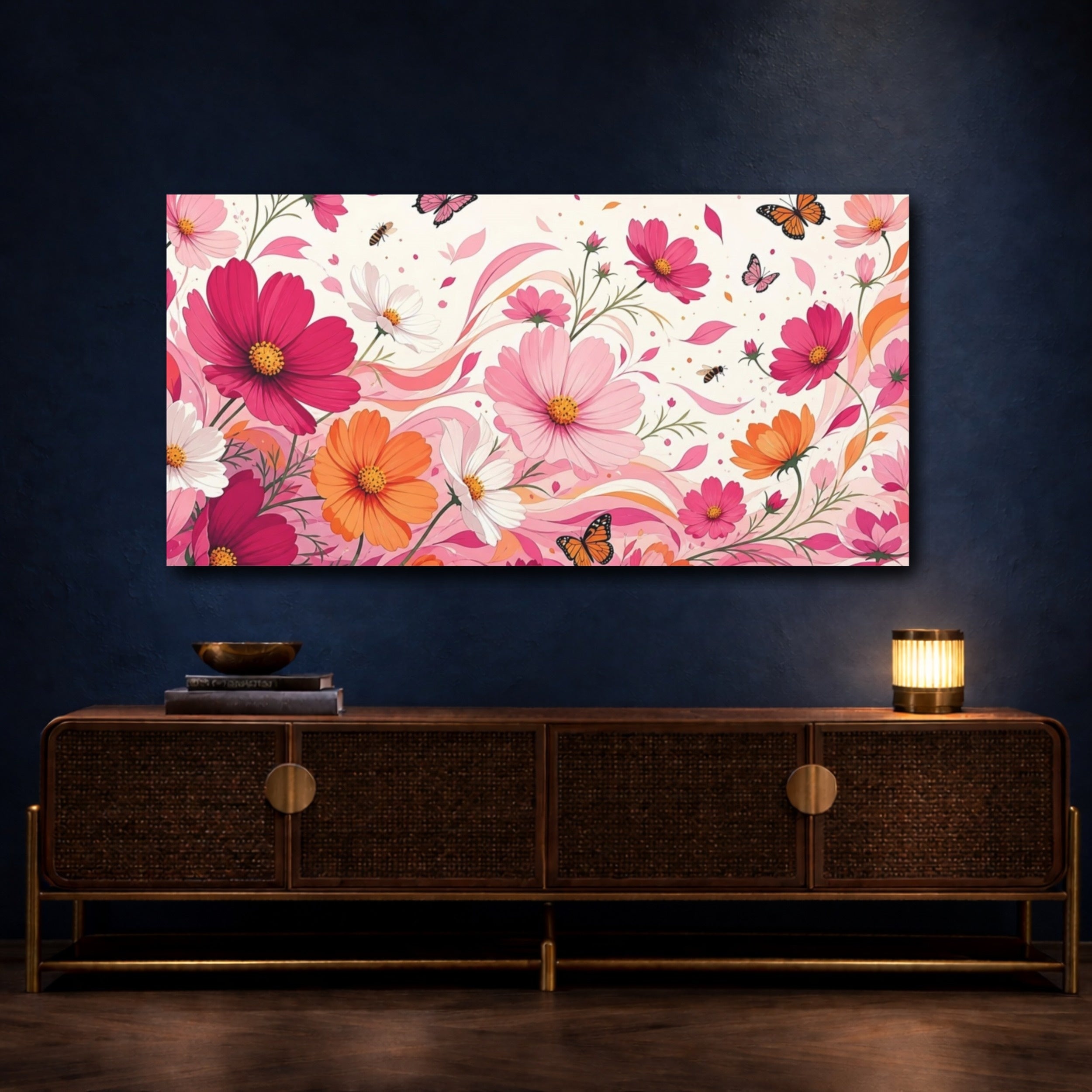 Mockup 4. Floral Cosmos Flowers Pink And Orange Floral shown as stretched canvas wall art