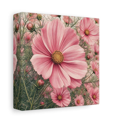 Side Mockup 2. Floral Cosmos Flowers Pink Cosmos shown as stretched canvas wall art