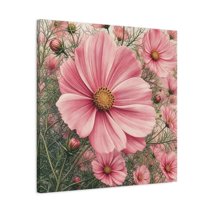 Side Mockup 4. Floral Cosmos Flowers Pink Cosmos shown as stretched canvas wall art
