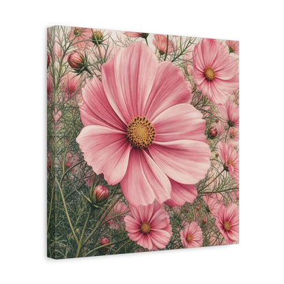 Side Mockup 7. Floral Cosmos Flowers Pink Cosmos shown as stretched canvas wall art
