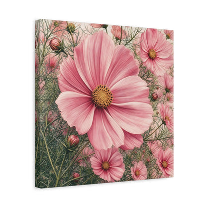 Side Mockup 6. Floral Cosmos Flowers Pink Cosmos shown as stretched canvas wall art