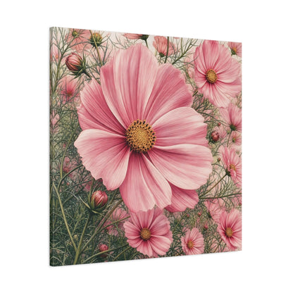 Side Mockup 1. Floral Cosmos Flowers Pink Cosmos shown as stretched canvas wall art