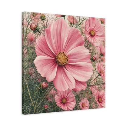 Side Mockup 5. Floral Cosmos Flowers Pink Cosmos shown as stretched canvas wall art