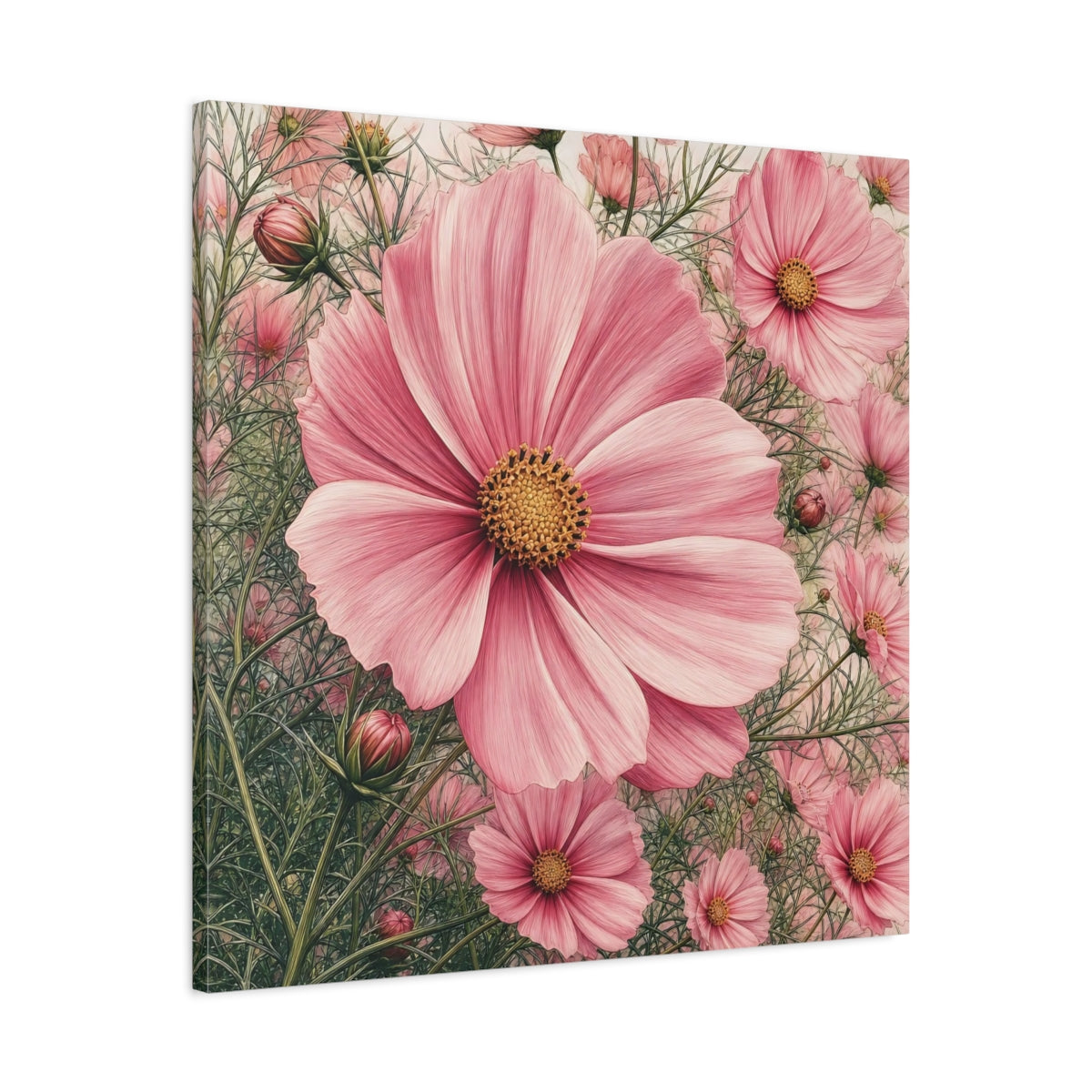 Side Mockup 3. Floral Cosmos Flowers Pink Cosmos shown as stretched canvas wall art