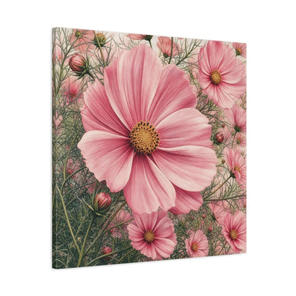 Side Mockup 3. Floral Cosmos Flowers Pink Cosmos shown as stretched canvas wall art