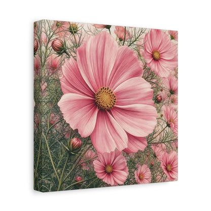 Side Mockup 9. Floral Cosmos Flowers Pink Cosmos shown as stretched canvas wall art
