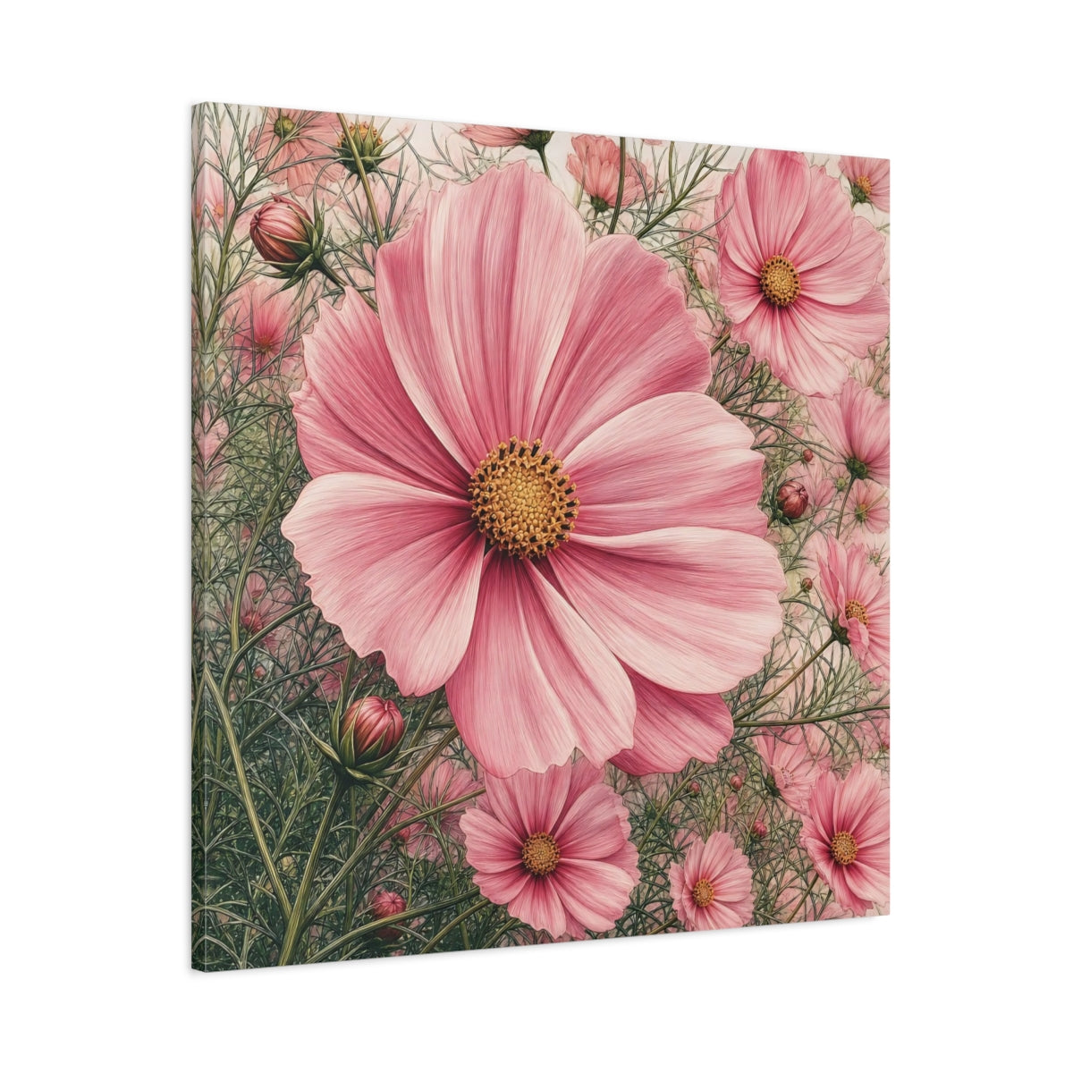 Main Mockup. Floral Cosmos Flowers Pink Cosmos shown as stretched canvas wall art