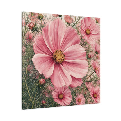 Main Mockup. Floral Cosmos Flowers Pink Cosmos shown as stretched canvas wall art