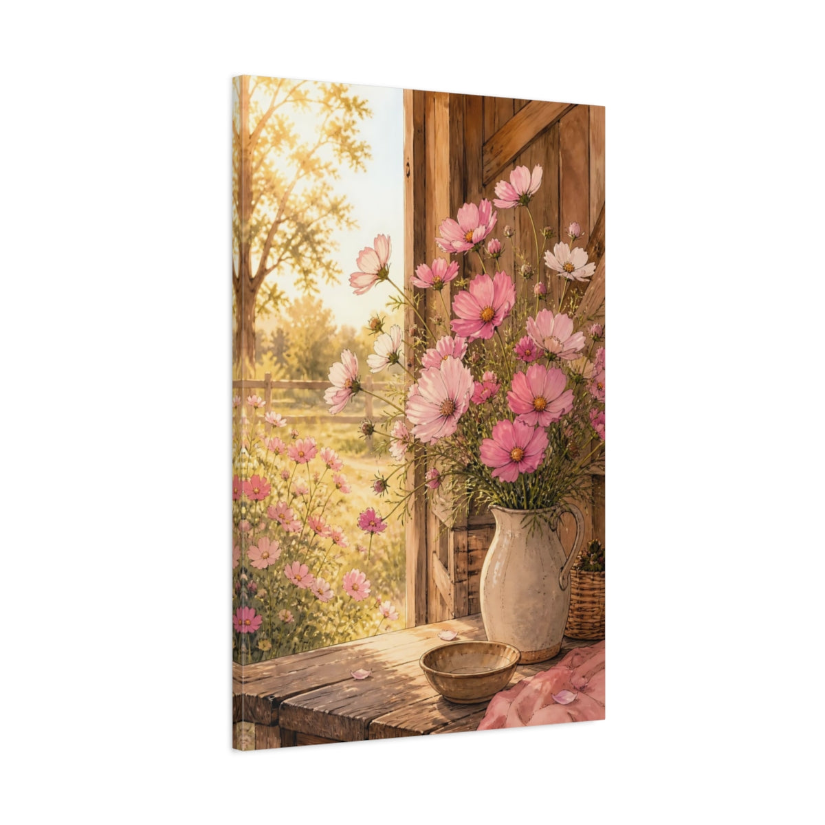 Main Mockup. Floral Cosmos Flowers Pink Cosmos Floral shown as stretched canvas wall art