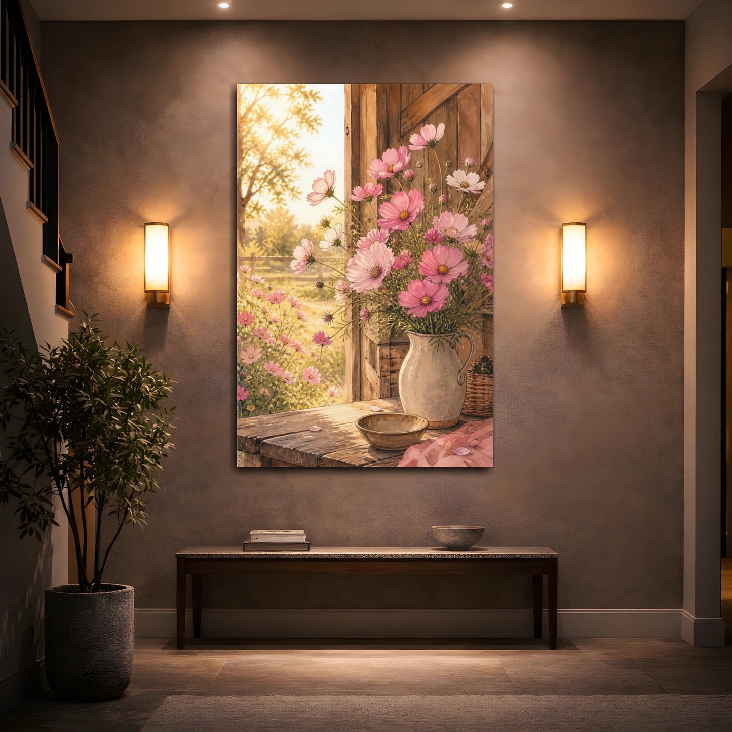 Mockup 2. Floral Cosmos Flowers Pink Cosmos Floral shown as stretched canvas wall art