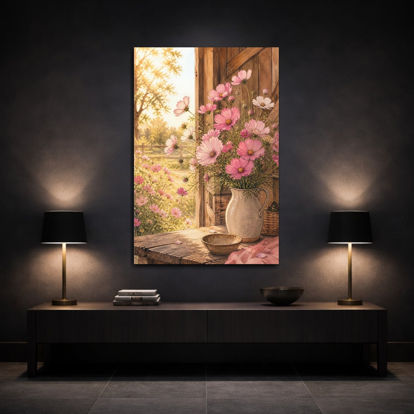 Mockup 3. Floral Cosmos Flowers Pink Cosmos Floral shown as stretched canvas wall art