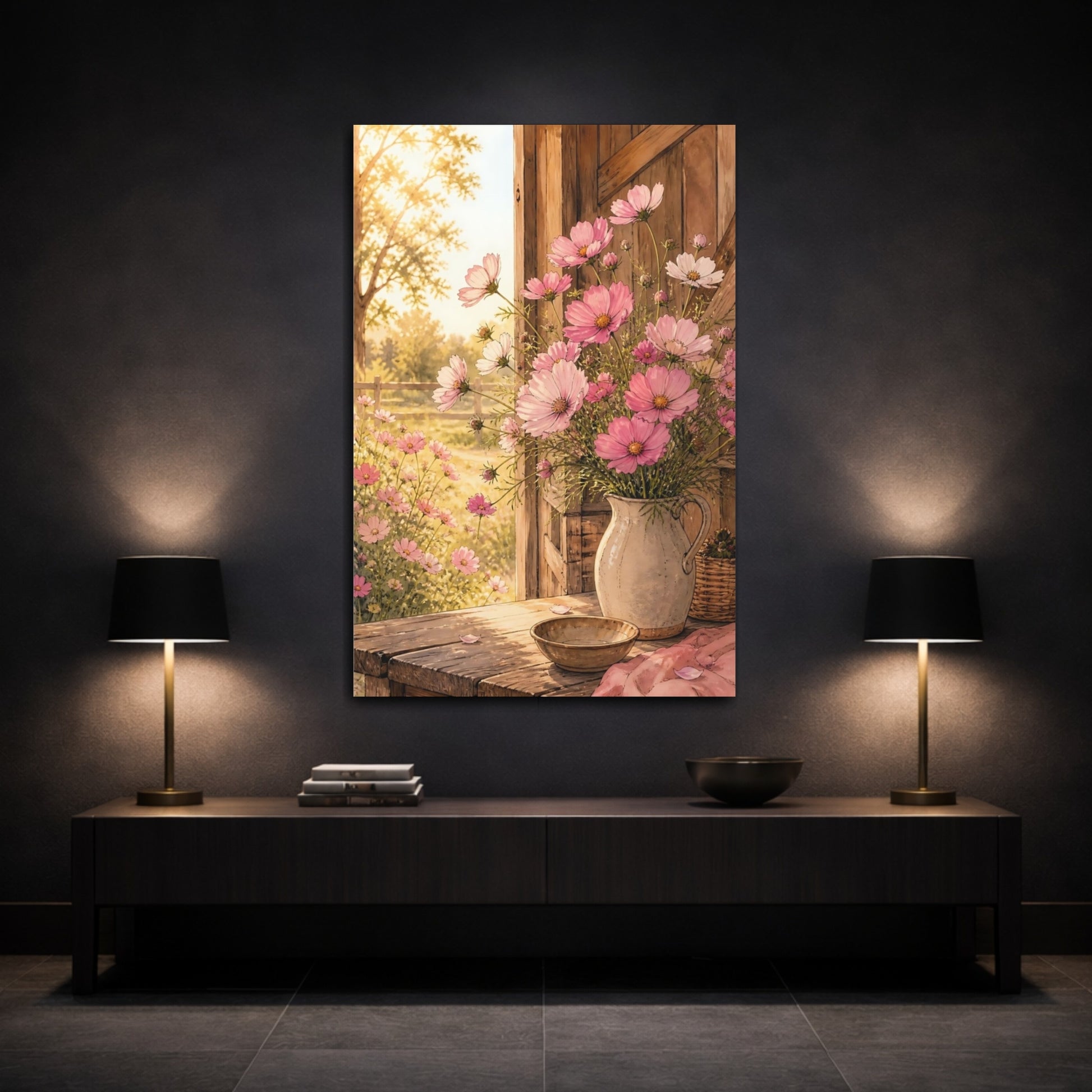 Mockup 3. Floral Cosmos Flowers Pink Cosmos Floral shown as stretched canvas wall art