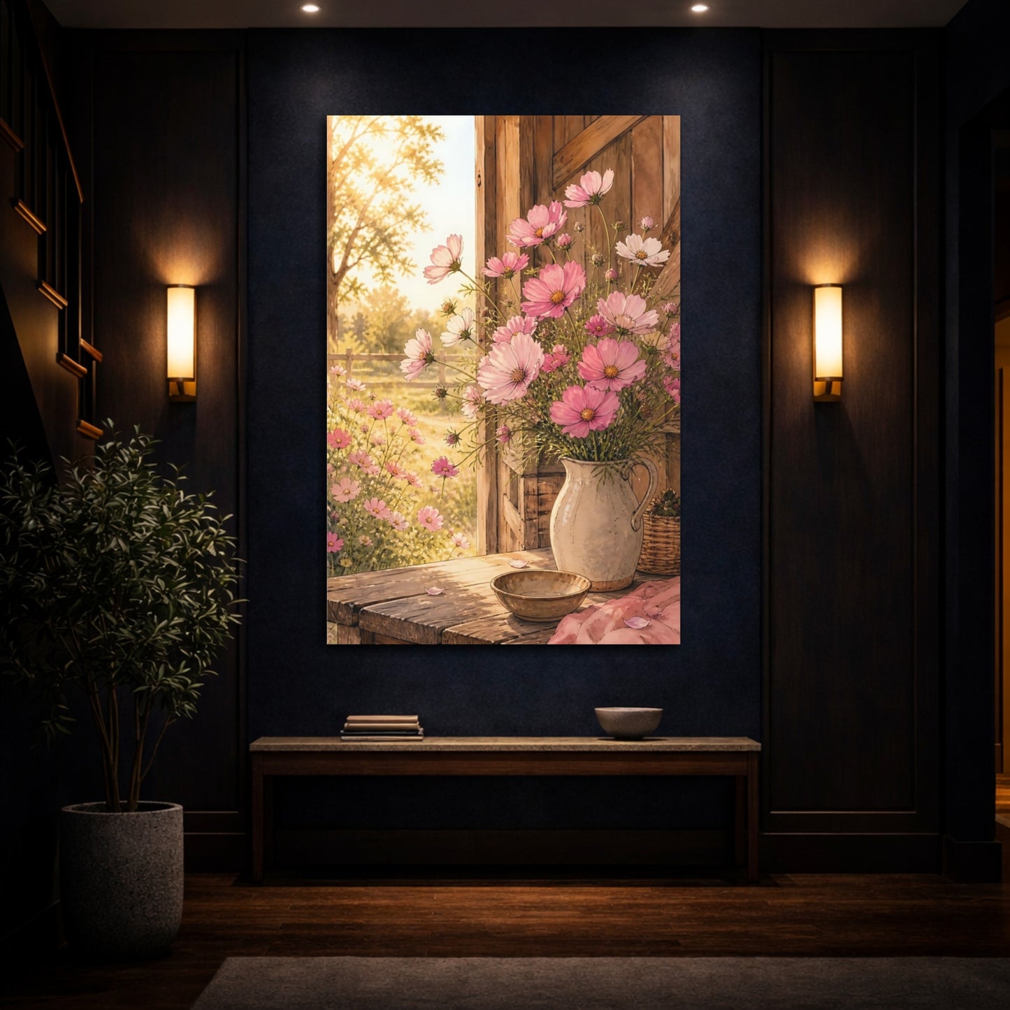 Mockup 4. Floral Cosmos Flowers Pink Cosmos Floral shown as stretched canvas wall art