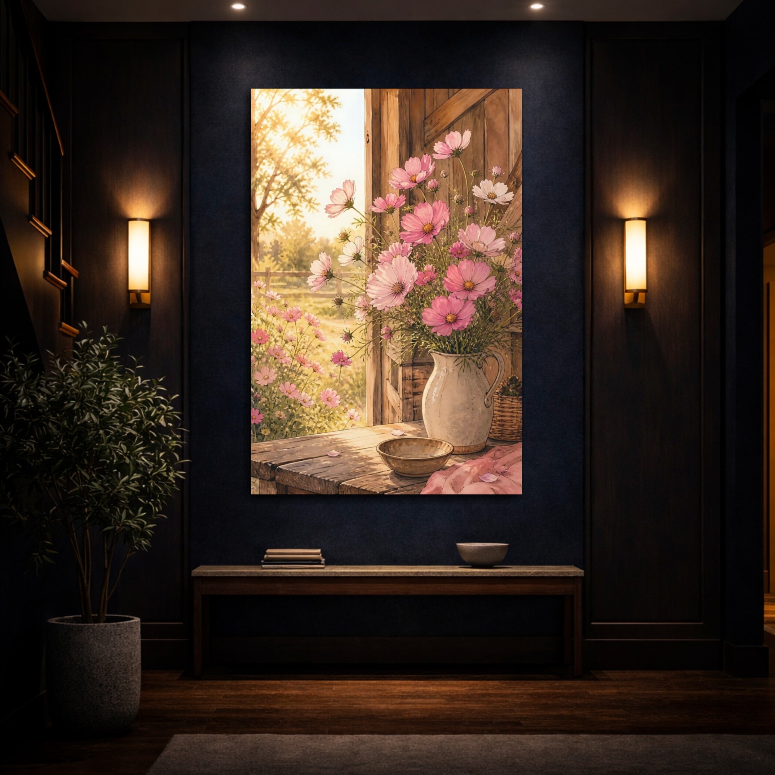 Mockup 4. Floral Cosmos Flowers Pink Cosmos Floral shown as stretched canvas wall art