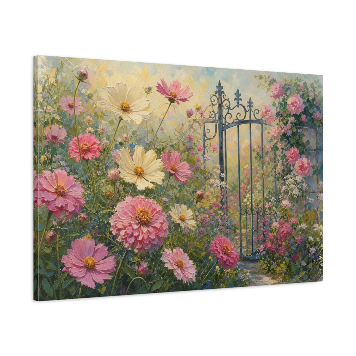 Main Mockup. Floral Cosmos Flowers Pink Cosmos Garden shown as stretched canvas wall art