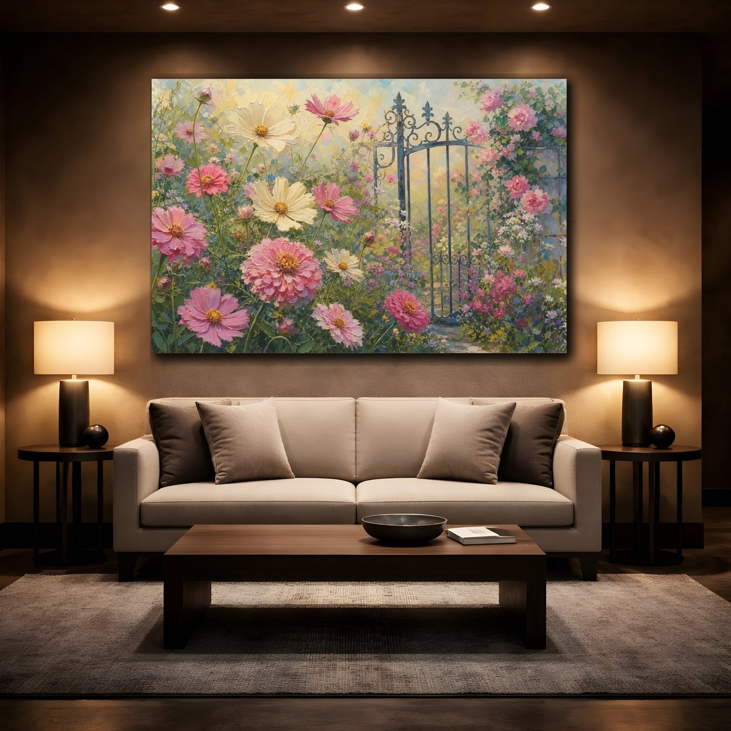 Mockup 2. Floral Cosmos Flowers Pink Cosmos Garden shown as stretched canvas wall art