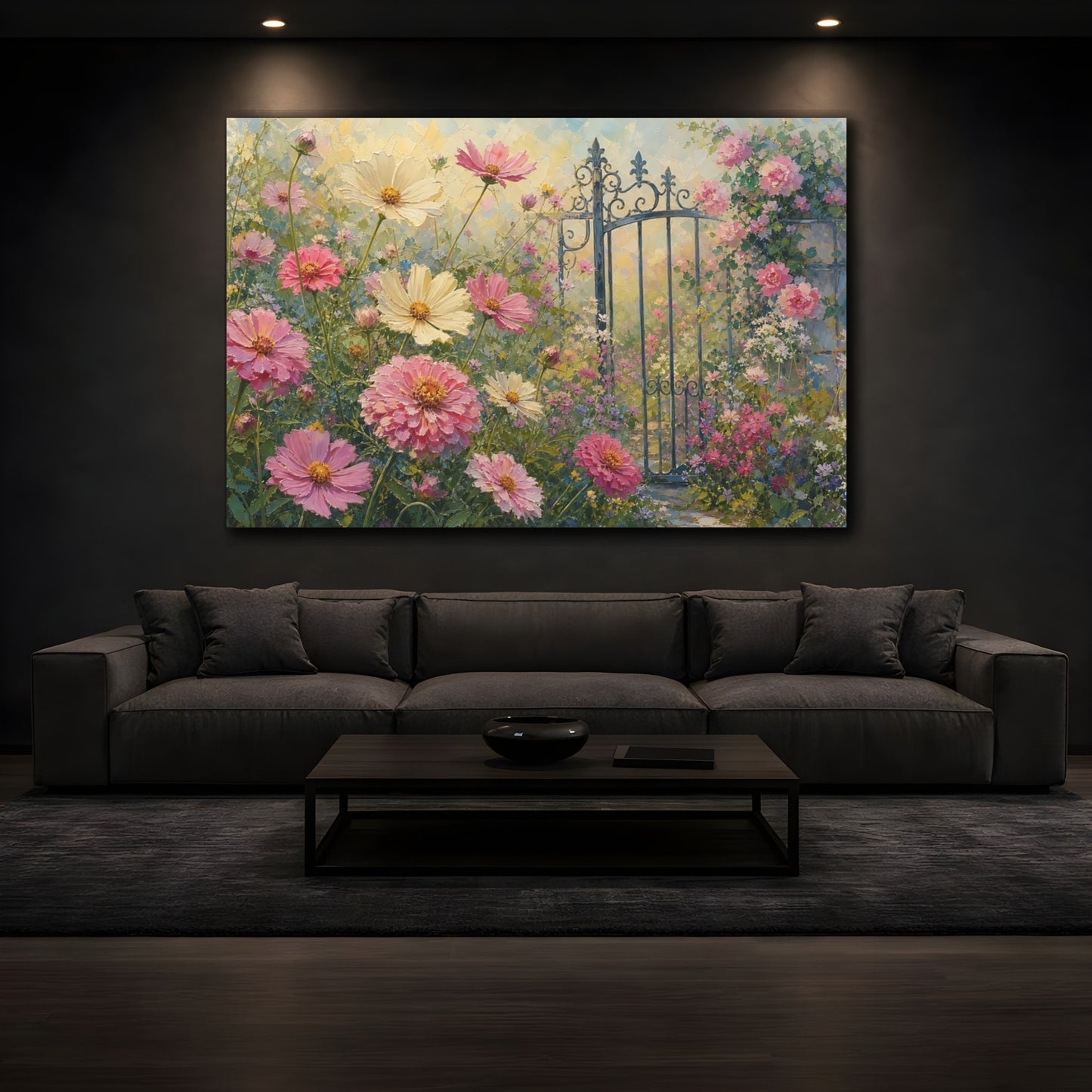 Mockup 3. Floral Cosmos Flowers Pink Cosmos Garden shown as stretched canvas wall art