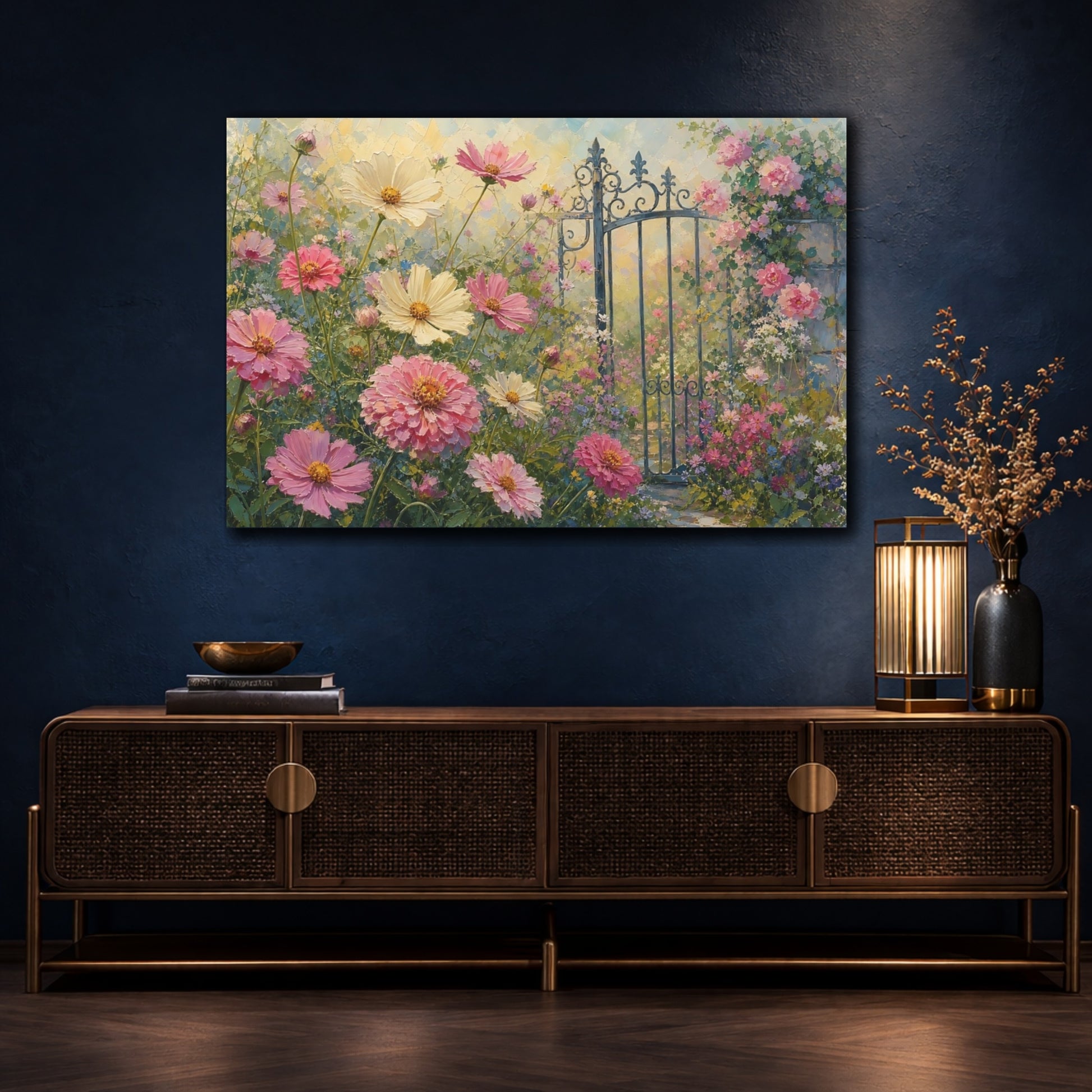 Mockup 4. Floral Cosmos Flowers Pink Cosmos Garden shown as stretched canvas wall art