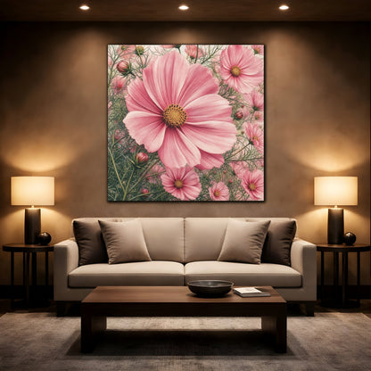 Mockup 2. Floral Cosmos Flowers Pink Cosmos shown as stretched canvas wall art