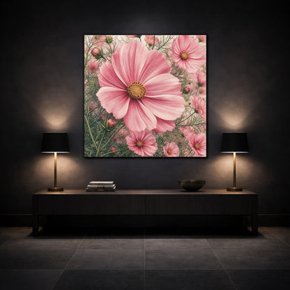Mockup 3. Floral Cosmos Flowers Pink Cosmos shown as stretched canvas wall art