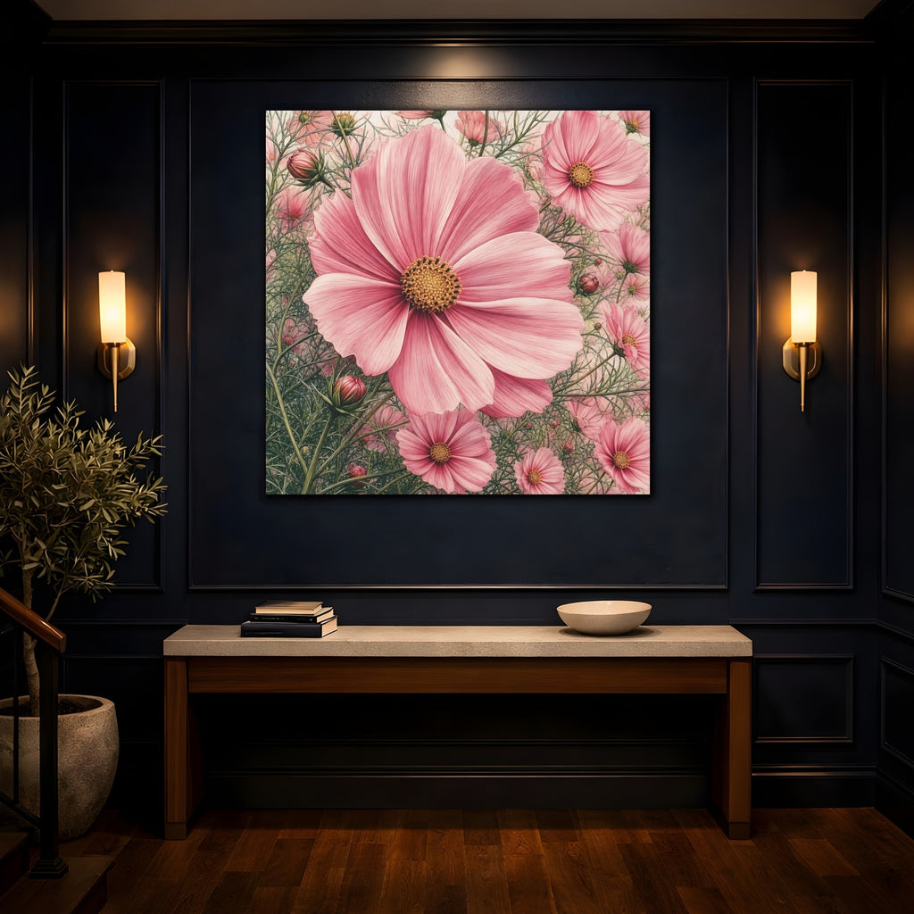Mockup 4. Floral Cosmos Flowers Pink Cosmos shown as stretched canvas wall art