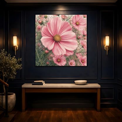 Mockup 4. Floral Cosmos Flowers Pink Cosmos shown as stretched canvas wall art