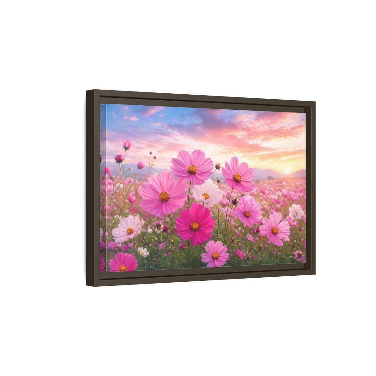 Side Mockup 5. Floral Cosmos Flowers Pink Flower Field shown as stretched canvas wall art