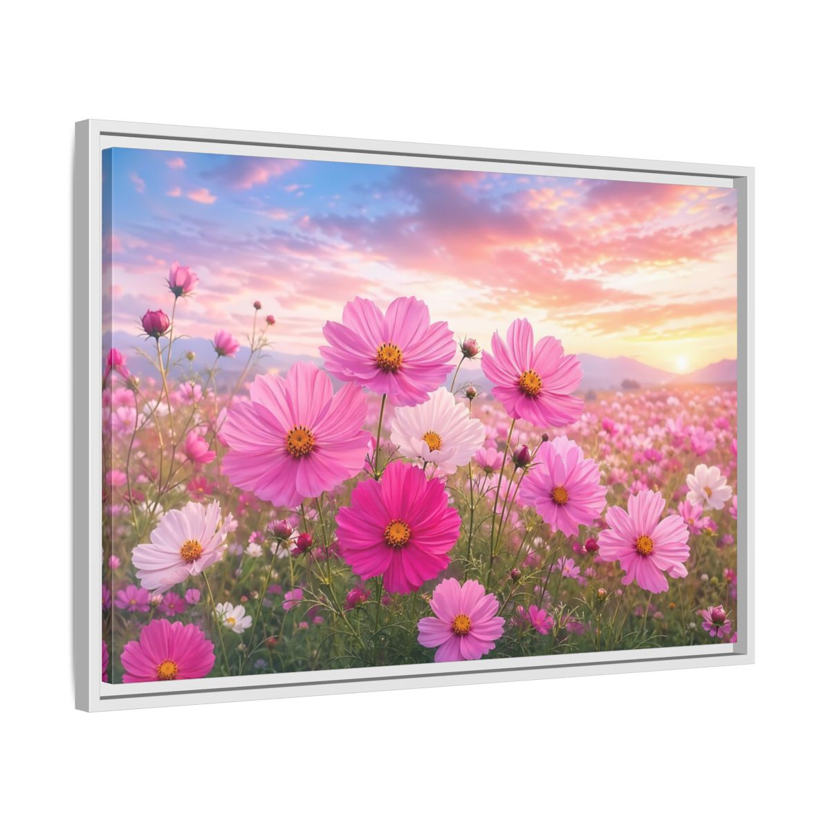 Side Mockup 10. Floral Cosmos Flowers Pink Flower Field shown as stretched canvas wall art