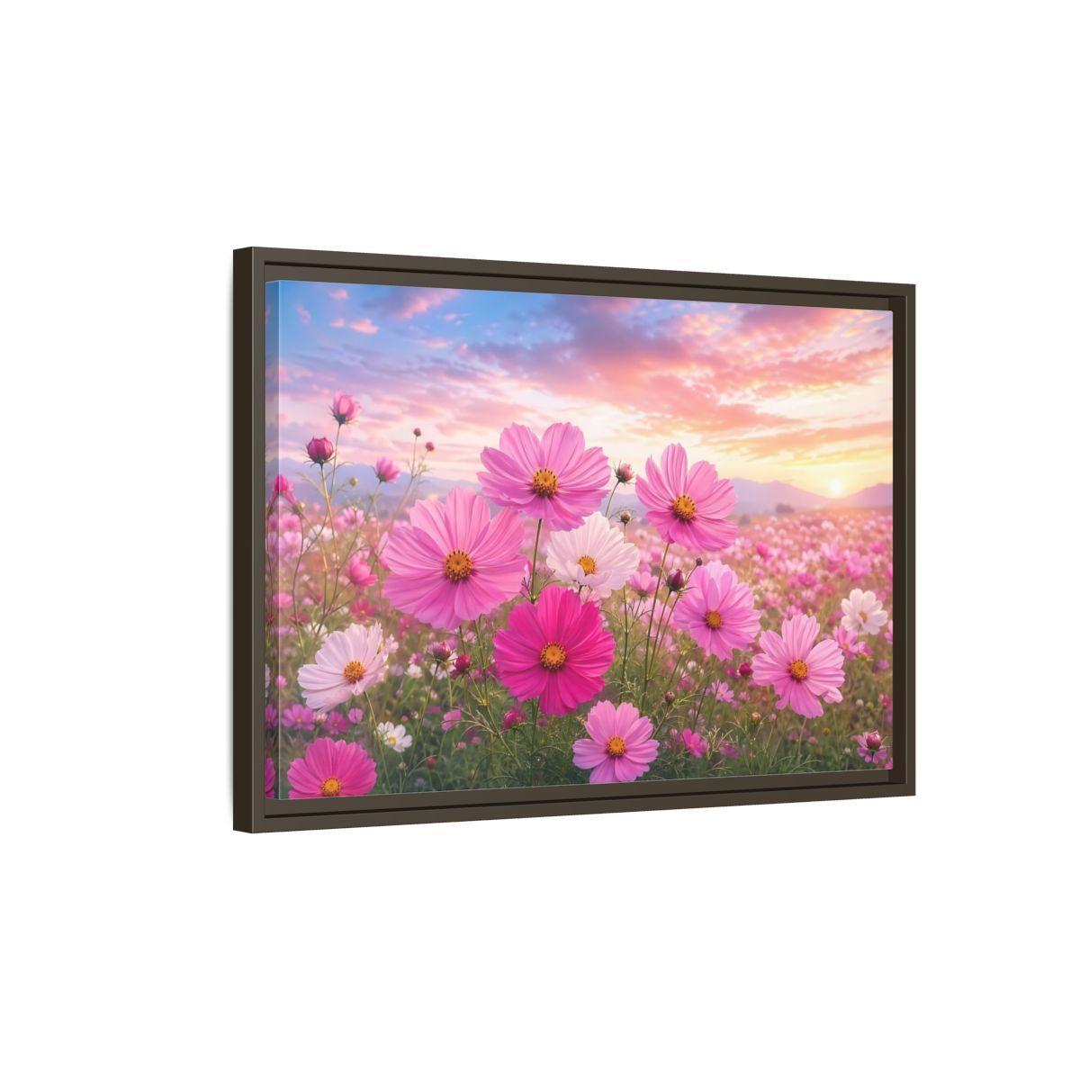 Side Mockup 2. Floral Cosmos Flowers Pink Flower Field shown as stretched canvas wall art
