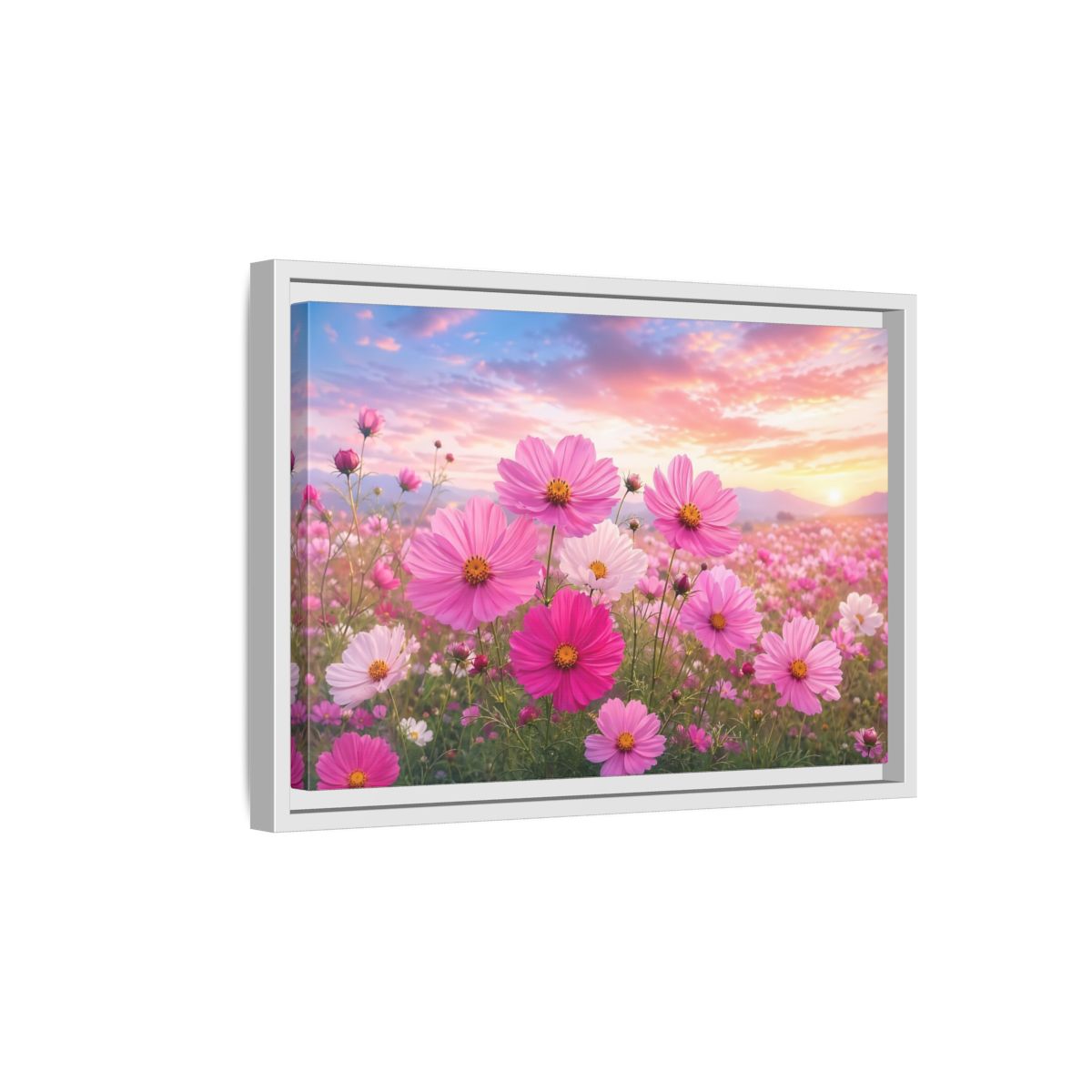 Side Mockup 4. Floral Cosmos Flowers Pink Flower Field shown as stretched canvas wall art