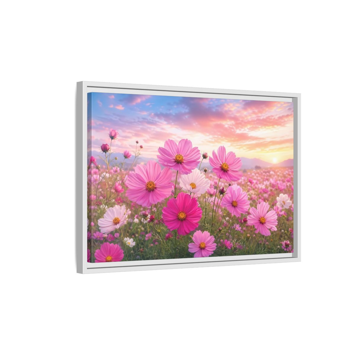 Side Mockup 1. Floral Cosmos Flowers Pink Flower Field shown as stretched canvas wall art