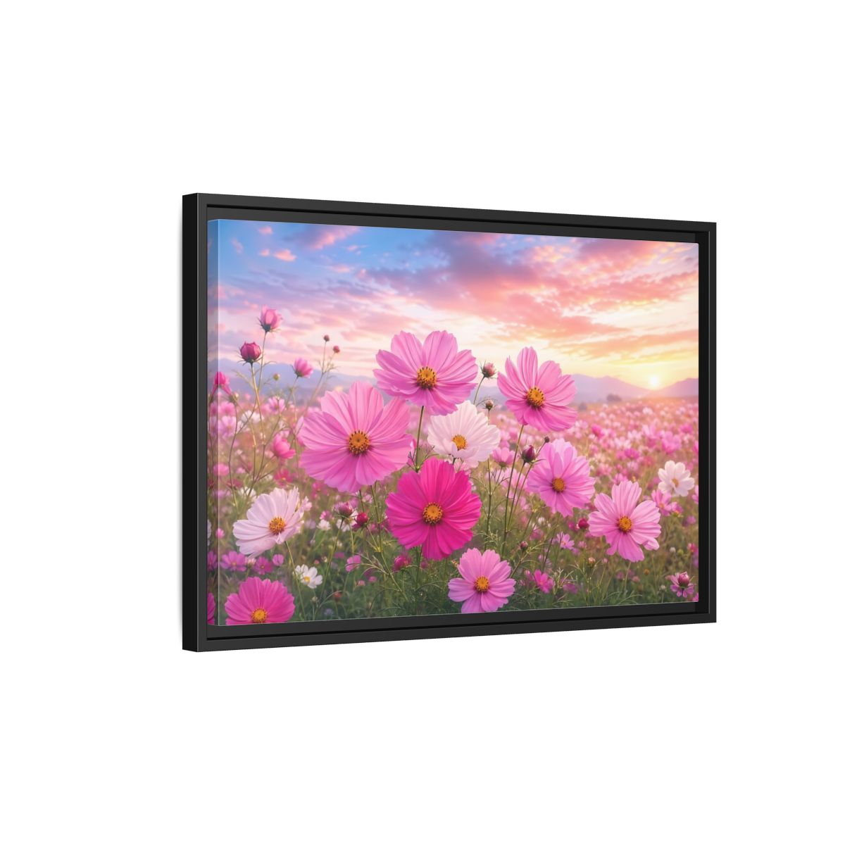 Side Mockup 3. Floral Cosmos Flowers Pink Flower Field shown as stretched canvas wall art