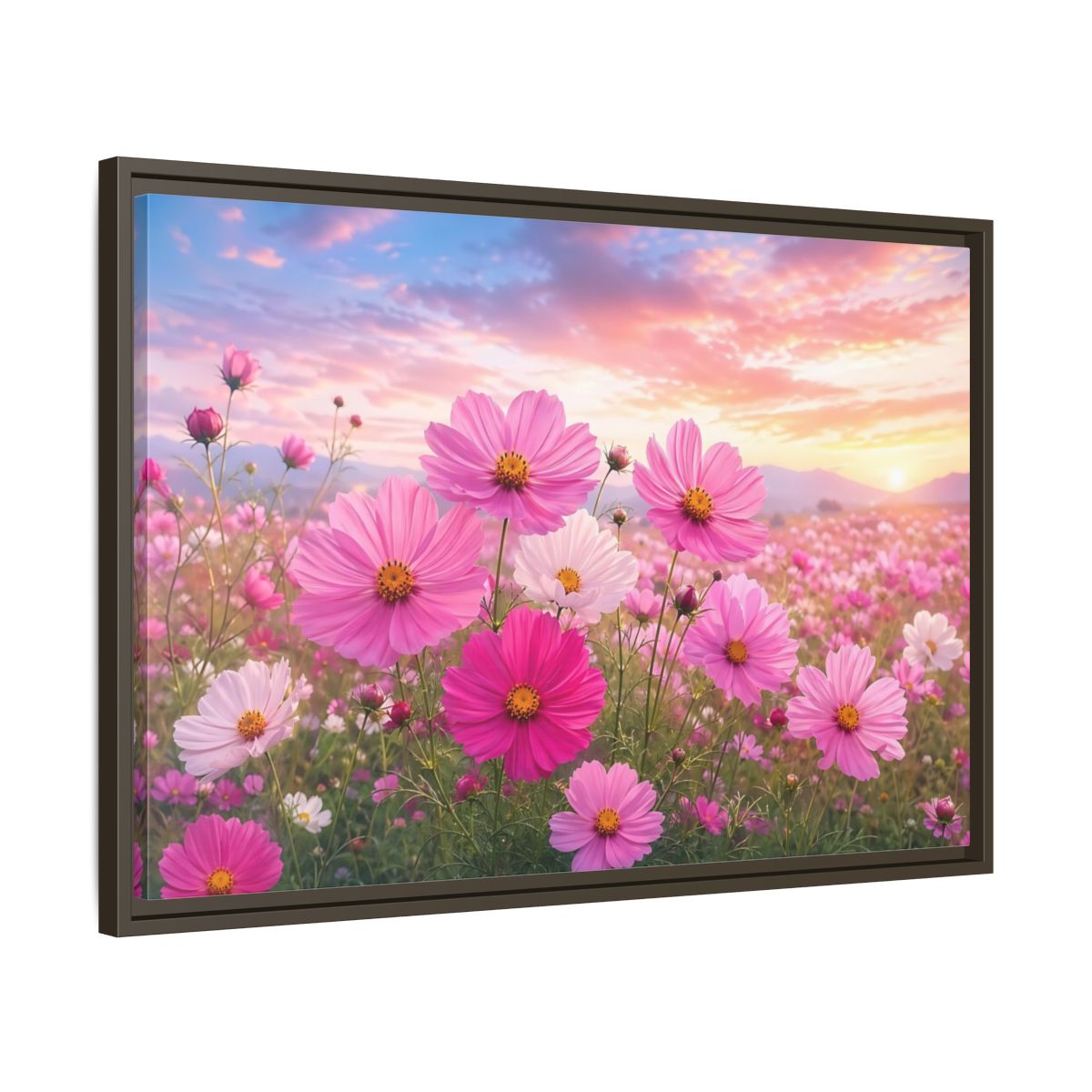 Side Mockup 11. Floral Cosmos Flowers Pink Flower Field shown as stretched canvas wall art