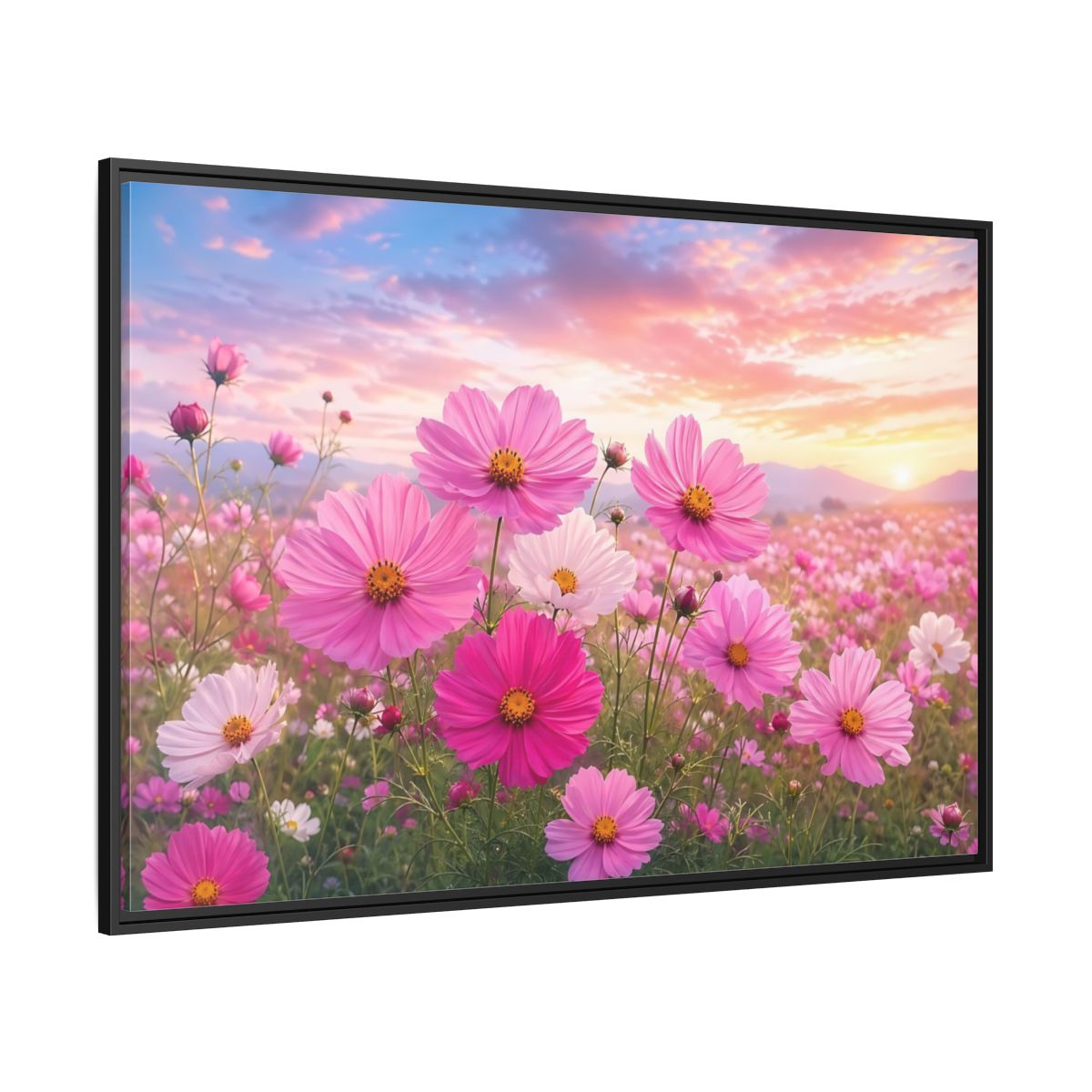 Side Mockup 12. Floral Cosmos Flowers Pink Flower Field shown as stretched canvas wall art