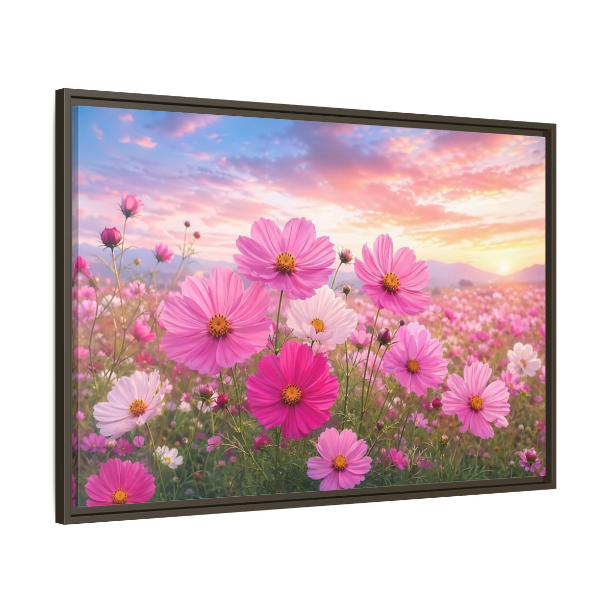 Main Mockup. Floral Cosmos Flowers Pink Flower Field shown as stretched canvas wall art
