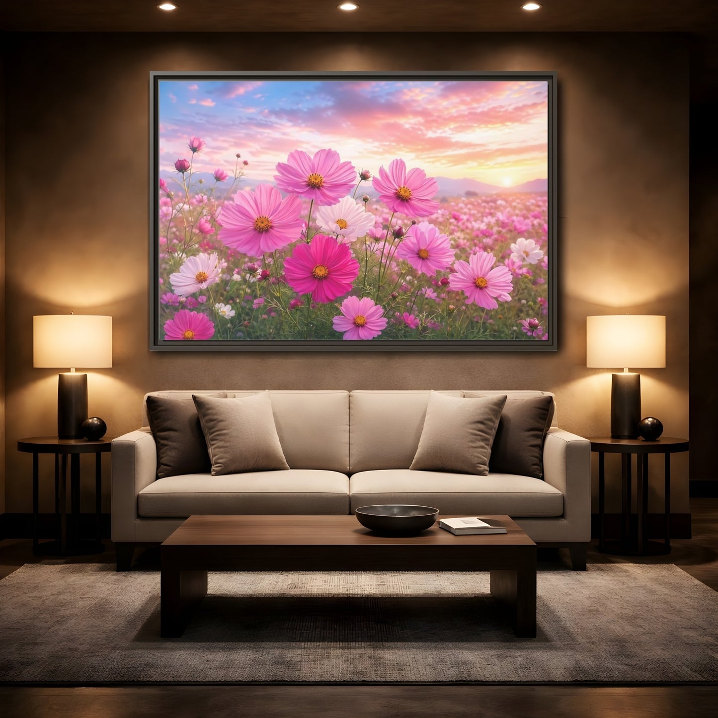 Mockup 2. Floral Cosmos Flowers Pink Flower Field shown as stretched canvas wall art