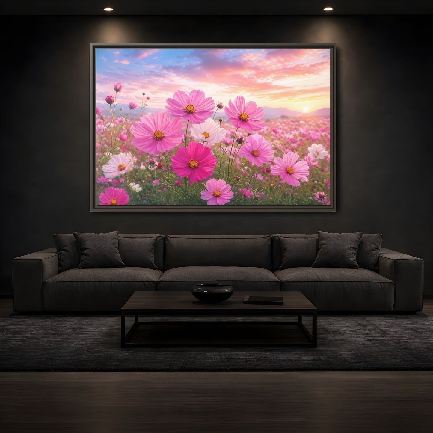 Mockup 3. Floral Cosmos Flowers Pink Flower Field shown as stretched canvas wall art
