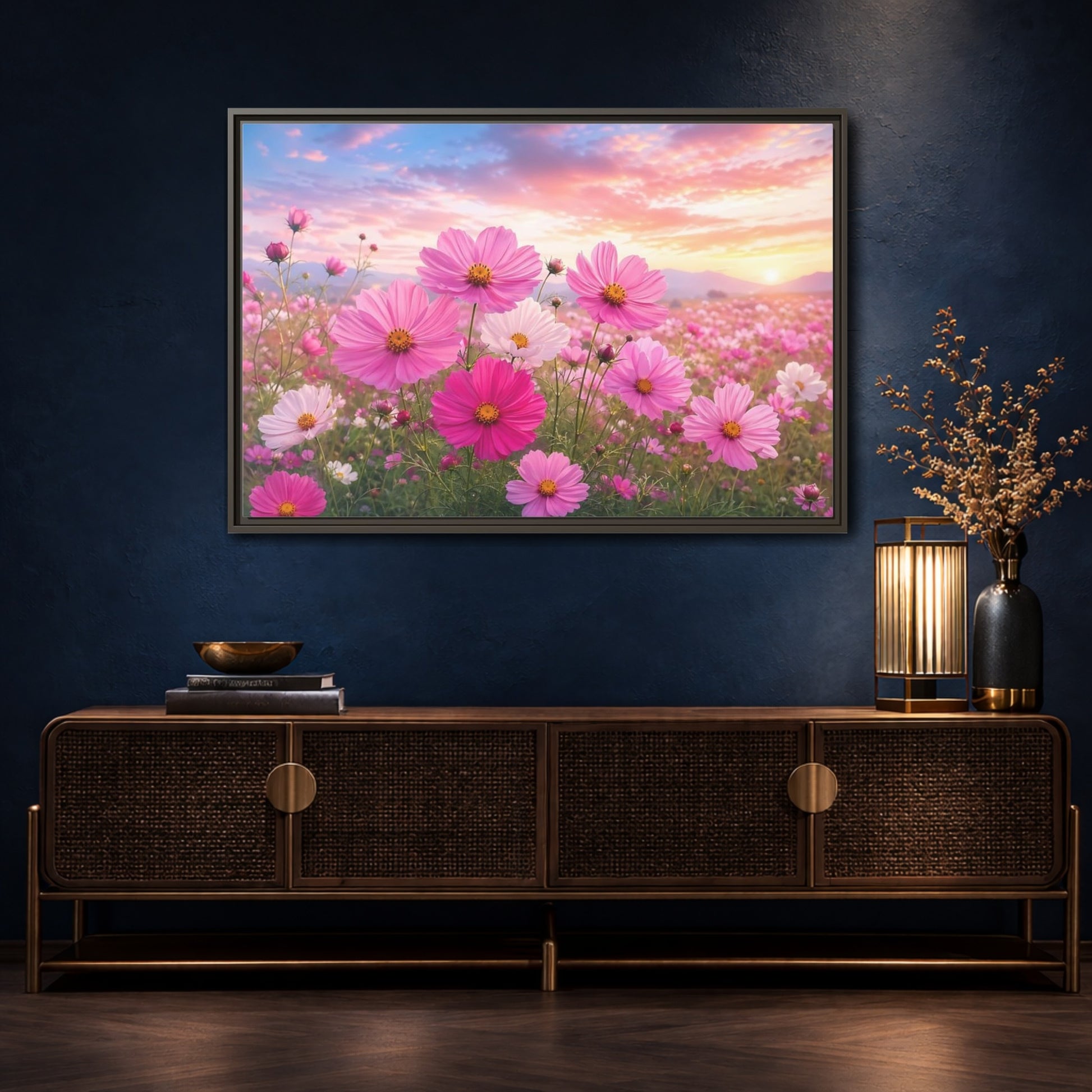 Mockup 4. Floral Cosmos Flowers Pink Flower Field shown as stretched canvas wall art