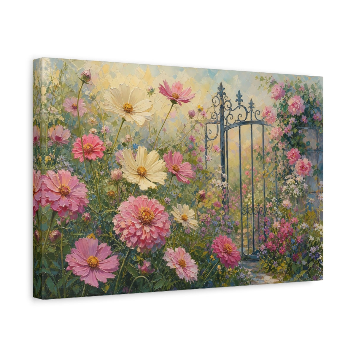 Side Mockup 4. Floral Cosmos Flowers Pink Cosmos Garden shown as stretched canvas wall art