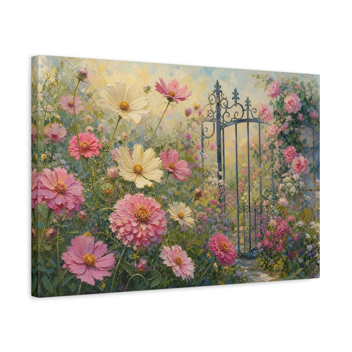 Side Mockup 3. Floral Cosmos Flowers Pink Cosmos Garden shown as stretched canvas wall art