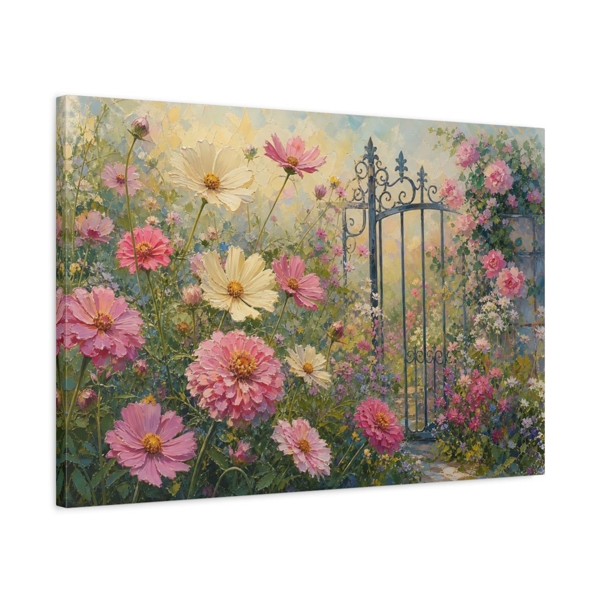 Side Mockup 2. Floral Cosmos Flowers Pink Cosmos Garden shown as stretched canvas wall art