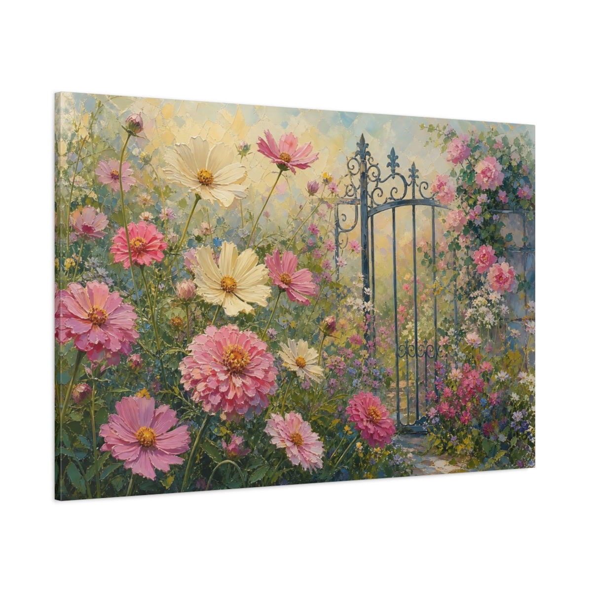 Side Mockup 1. Floral Cosmos Flowers Pink Cosmos Garden shown as stretched canvas wall art